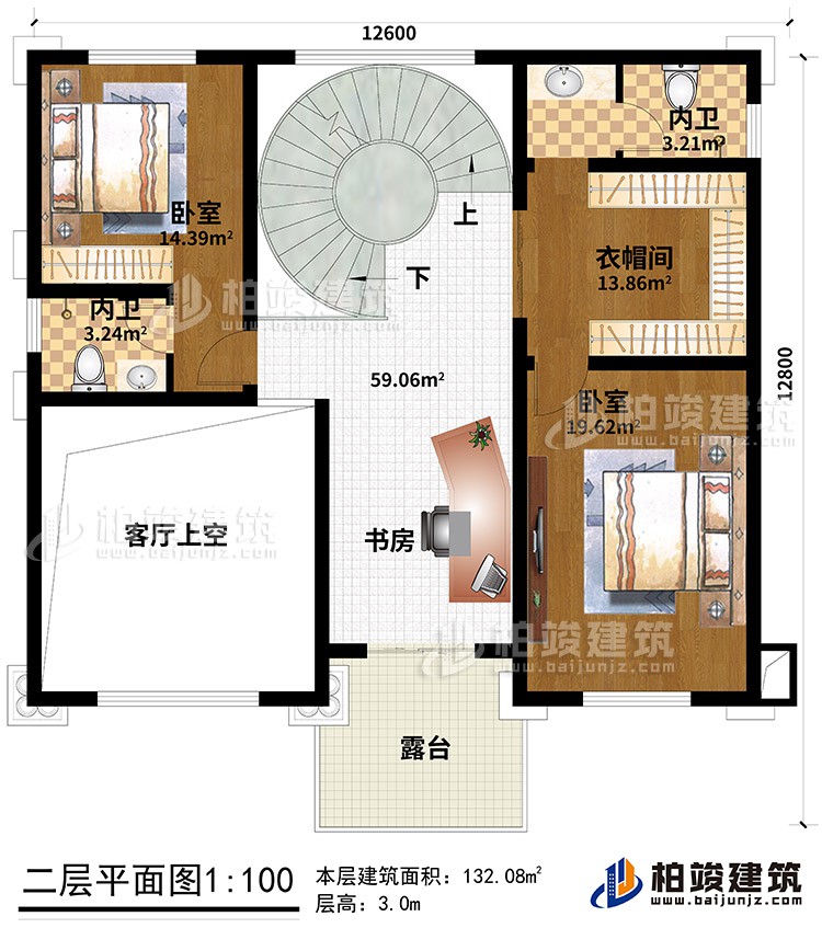 二层：2卧室、2内卫、衣帽间、书房、客厅中空、露台